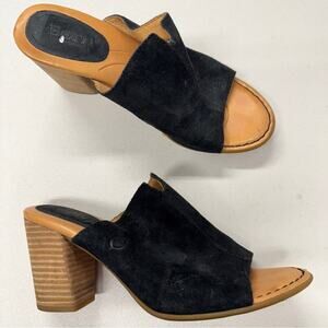 Born Black Suede Peep Toe Mule Stacked Heel Womens 8 Slip On Boho Comfort Shoes